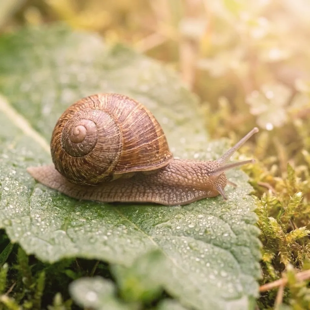 A garden snail with a spiral shell on a green leaf.